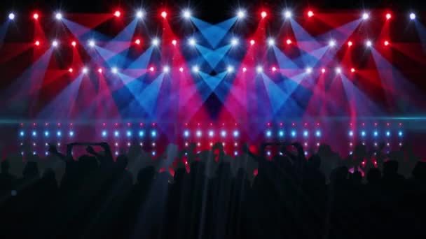 Цифровая анимация красочных сияющих огней над силуэтом танцующих людей. ночная жизнь и концертная концепция