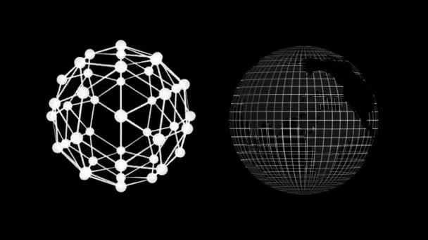 数码动画的全球连网和全球图标旋转的黑色背景 全球联网和技术概念 — 图库视频影像