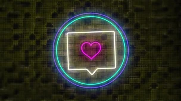 霓虹灯粉色心形数字动画在信息图标上的圆形横幅对着砖墙 社交媒体网络和技术概念 — 图库视频影像