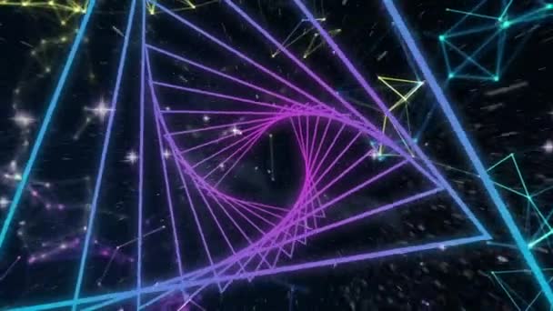 삼각형 모양의 디지털 애니메이션 우주에서 빛나는 별들에 무자비 움직임으로 회전하고 — 비디오