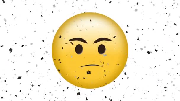 Animação Digital Confetes Caindo Sobre Emoji Rosto Com Raiva Contra — Vídeo de Stock