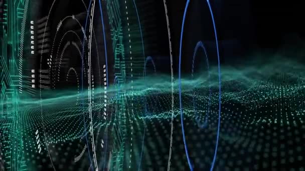 Цифрова Анімація Декількох Круглих Сканерів Зеленій Цифровій Хвилі Чорному Тлі — стокове відео