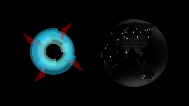 Digitale Animatie Van Abstracte Cirkelvorm Globe Icoon Draaiend Tegen Zwarte — Stockvideo