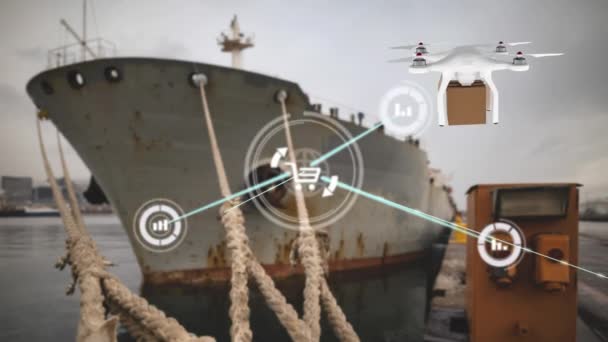 Netzwerk Digitaler Symbole Über Drohnen Die Eine Lieferbox Gegen Ein — Stockvideo