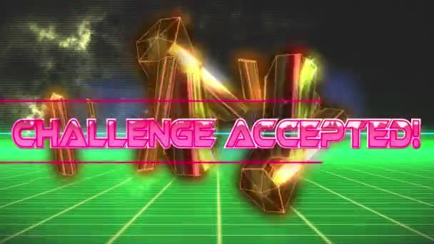 Challenge Accepteerde Tekst Neon Banner Tegen Groen Netwerk Grijze Achtergrond — Stockvideo