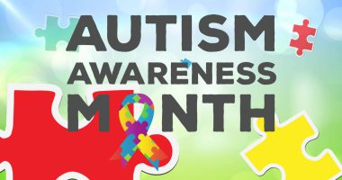 Renkli arkaplanda bulmacalar oluşturan otizm farkındalık ayı metni görüntüsü. otizm ve öğrenme zorlukları farkındalık ve dijital olarak üretilen görüntü konseptini destekleme.