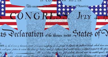 Amerikan bayrak yıldızlarının resmi ve Amerikan anayasa metninin üzerindeki mavi tabaka. Vatanseverlik, bağımsızlık ve kutlama konsepti dijital olarak oluşturulmuş imaj.