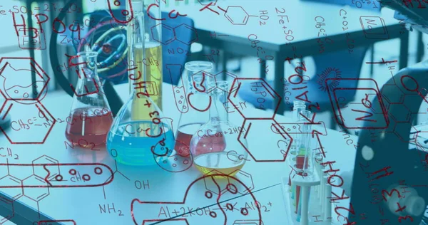 化学结构的数字合成图像和针对实验室中各种设备的配方 学校和教育概念 — 图库照片