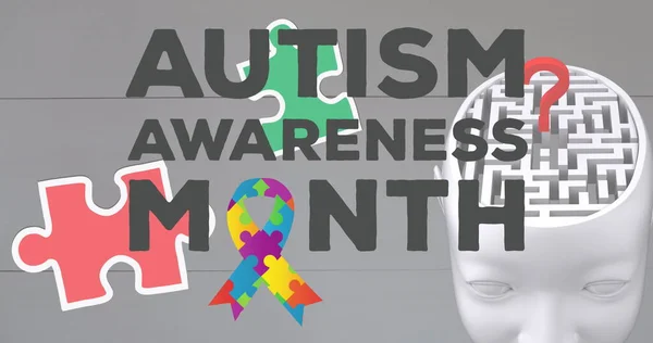 灰色のパズルで形成された自閉症の意識月のテキストとリボンの画像 自閉症や学習障害の認識と支援の概念をデジタルで生成した画像 — ストック写真