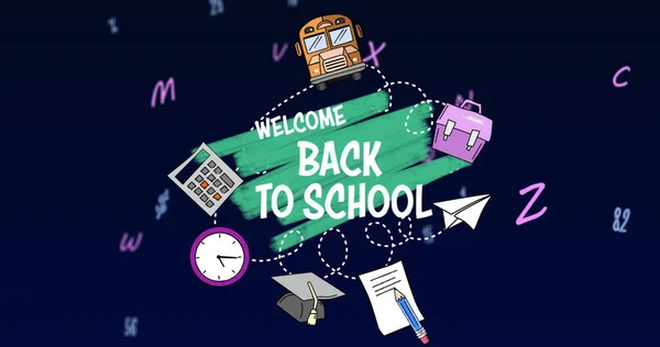Image Welcome Back School Text School Item Icons Numbers Letters — Stock Photo, Image
