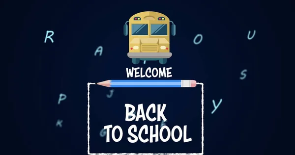Цифрове Зображення Вітається Назад Шкільного Тексту Проти Значка Шкільного Автобуса — стокове фото