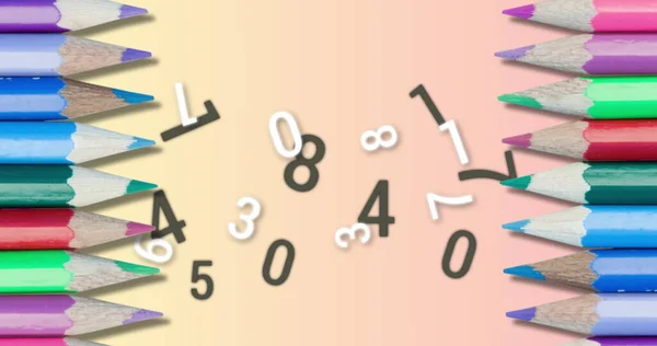 Lápices Colores Contra Múltiples Números Cambiantes Alfabetos Sobre Fondo Rosa — Foto de Stock