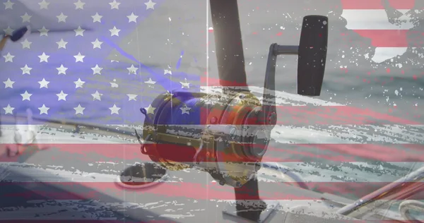 American Flag Grunge Design Effect Close Fishing Rod Boat American — Stock Photo, Image