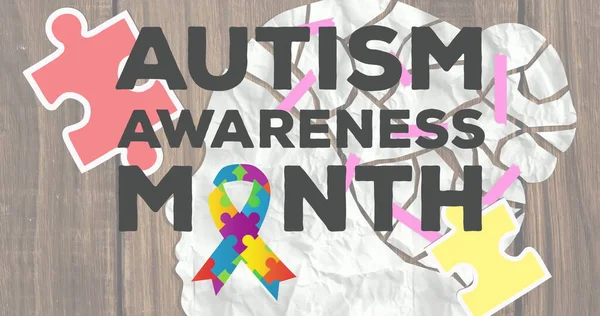 Image Autism Awareness Month Text Puzzles Forming Ribbon White Woman — Stock Photo, Image