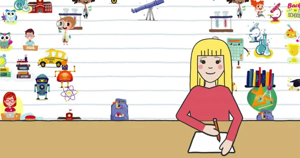 Ψηφιακή Εικόνα Του Κοριτσιού Σχολείο Μελέτη Και Σχολείο Εικονίδια Έννοια — Φωτογραφία Αρχείου