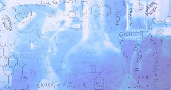 Цифровое Изображение Химических Структур Уравнений Синем Фоне Школа Концепция Образования — стоковое фото