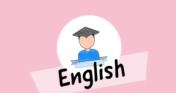 Wizerunek Angielskiego Tekstu Nad Ikoną Szkoły Różowym Tle Koncepcja Edukacji — Zdjęcie stockowe