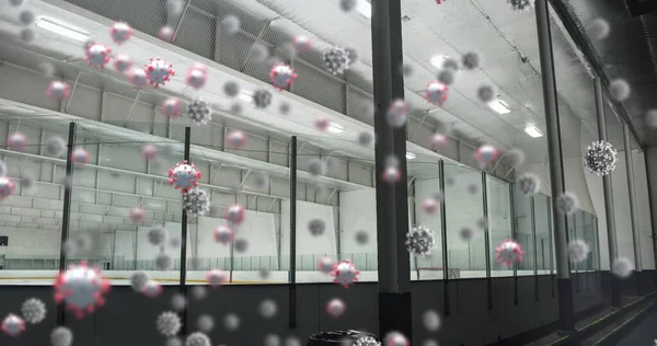 空冰场上3D个珊瑚细胞的图像 Global Covid Coronavirus Pandemic Sport Concept Digital Generated Image — 图库照片