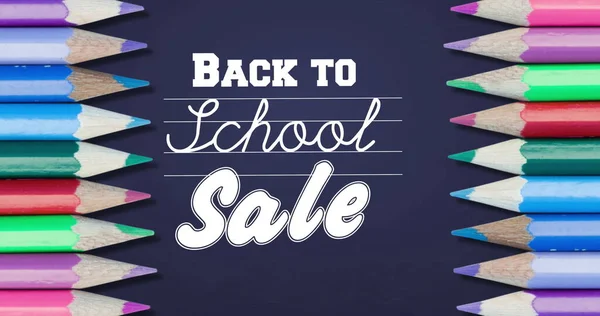 Image Back School Sale Text Colour Pencils Purple Background Shopping — Stock Photo, Image