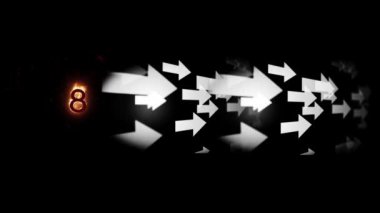 Alev ikonunda sekiz numaranın dijital animasyonu ve siyah arkaplanda birden fazla ok simgesi. ifade ve iletişim kavramı