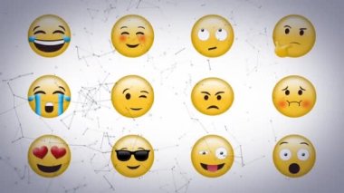 Gri arkaplanda birden fazla yüz emojisi üzerinde yüzen bağlantı ağının dijital animasyonu. ifade ve iletişim kavramı