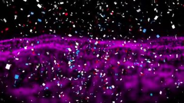 Siyah arka planda mor dijital dalgaların üzerine düşen konfetilerin dijital animasyonu. doku ve tasarım ile teknoloji arkaplanı