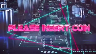 Lütfen anakart üzerindeki mikro işlemci bağlantılarının üzerine neon üçgenlere simge metni takın. Video oyunu arayüzü ve teknoloji kavramı