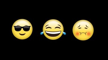 Hasta, kahkaha ve güneş gözlüklerinin dijital animasyonu siyah arka planda emojilerle karşılaşıyor. ifade ve iletişim kavramı