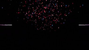 Mor ışık izlerinin üzerine renkli bir konfeti düşüyor ve siyah arka planda patlıyor. doku ve tasarım kavramına sahip teknoloji arkaplanı