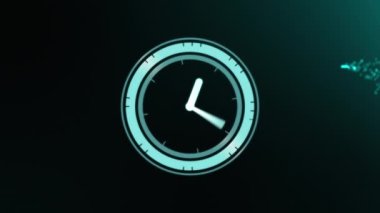 Yeşil arkaplana doğru düşen ışık izlerinin üzerinde tıkırdayan neon dijital saatin dijital animasyonu. doku ve tasarım ile teknoloji arkaplanı