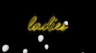 Neon sarısı bayanların üzerinde yüzen çok sayıda beyaz balon siyah arka plana karşı mesaj panosu. Gece kulübü neon panosu ve pankart konsepti