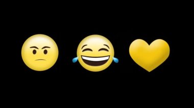 Siyah arka planda kızgın, gülen yüz ifadelerinin dijital animasyonu ve sarı kalp ikonu. ifade ve iletişim kavramı