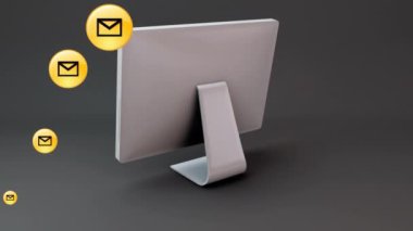 Gri arkaplan üzerinde dönen bilgisayar ekranı üzerinde çoklu ileti simgelerinin dijital animasyonu. Sosyal medya ağı ve teknoloji kavramı