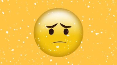 Beyaz konfetilerin sarı arka planda üzgün surat emojisinin üzerine düşüşünün dijital animasyonu. ifade ve iletişim kavramı