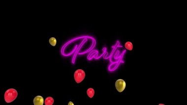 Siyah arka planda, neon mor parti tabelasının üzerinde yüzen altın ve kırmızı balonlar. Gece kulübü neon panosu ve pankart konsepti