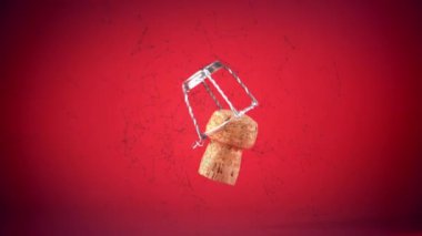 Şampanya mantarının üzerinde yüzen bağlantılar ağı ve kırmızı arka plana düşen açacağı. Yeni yıl partisi ve kutlama konsepti