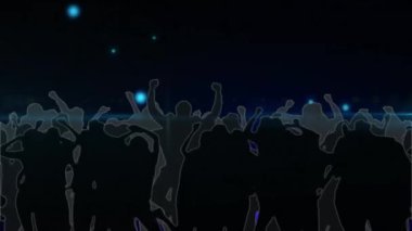 Mavi ışık lekelerine karşı dans eden insanların siluetinin üzerindeki ışık izlerinin dijital animasyonu. gece hayatı ve disko konsepti