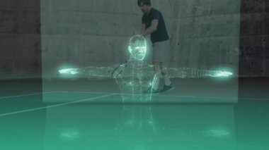 Tenis kortunda tenis oynayan beyaz adama karşı dönen insan modeli. Tıbbi araştırma ve spor bilimi teknolojisi kavramı