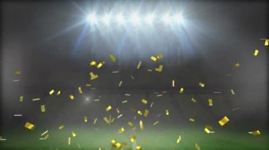 Arka plandaki spor stadyumuna düşen altın konfetilerin üzerine futbol camı kırılıyor. Spor yarışması ve turnuva konsepti