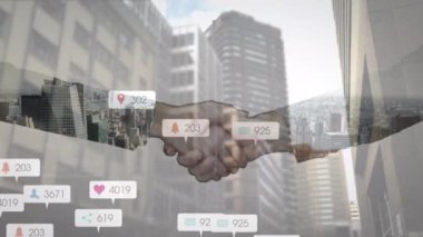 İş adamı ve iş kadınının orta kesiminde artan sayılara sahip dijital simge el sıkışıyor. küresel ağ ve iş teknolojisi kavramı