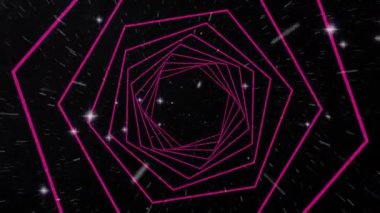 Uzayda parlayan yıldızlara karşı kusursuz bir hareketle dönen altıgen şekillerin dijital animasyonu. doku ve tasarım ile teknoloji arkaplanı