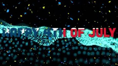 Konfeti siyah zemin üzerinde yeşil dijital dalgaların üzerine düşen mutlu bağımsızlık günü metni. Amerikan bağımsızlık günü konsepti