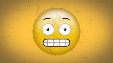 Sarı arka planda, suratını buruşturan yüz ifadelerinin üzerinde yüzen bağlantı ağının dijital animasyonu. ifade ve iletişim kavramı