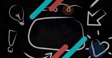 Renkli soyut şekillerin dijital animasyonu ve siyah arkaplana karşı birden fazla simge. iş ve teknoloji kavramı