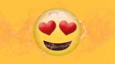 Kalbin üzerindeki kırmızı dijital dalganın dijital animasyonu sarı arkaplanda emojiye bakıyor. ifade ve iletişim kavramı