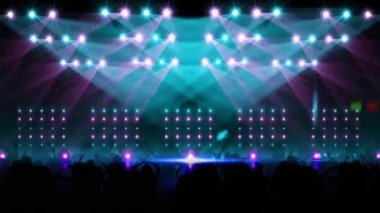 Dans eden insanların siluetinin üzerinde renkli parlak ışıkların dijital animasyonu. gece hayatı ve konser konsepti