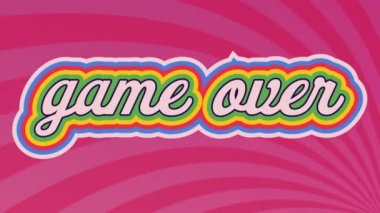 Pembe radyal arka planda gökkuşağı gölge efektli metin üzerinden oyunun dijital animasyonu. Video oyunu arayüzü ve teknoloji kavramı