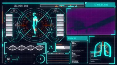 Spor veri işleme ile dijital arayüzün dijital animasyonu. Bilgisayar arayüzü ve spor teknolojisi kavramı