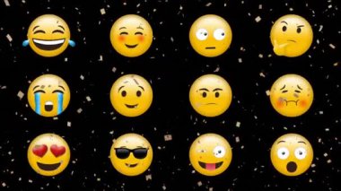 Birden fazla yüz emojisinin üzerine siyah arka plana düşen altın konfetilerin dijital animasyonu. ifade ve iletişim kavramı