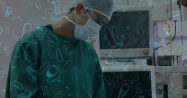 Covid-19 hücre ve erkek cerraha karşı yüzen kan damarları hastanede kadın hastayla konuşuyor. Coronavirus covid-19 salgın konsepti